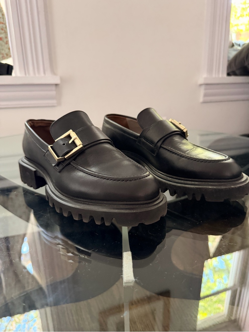 All Saints Black Leather Lug-Sole Monk Strap Loafers - Women